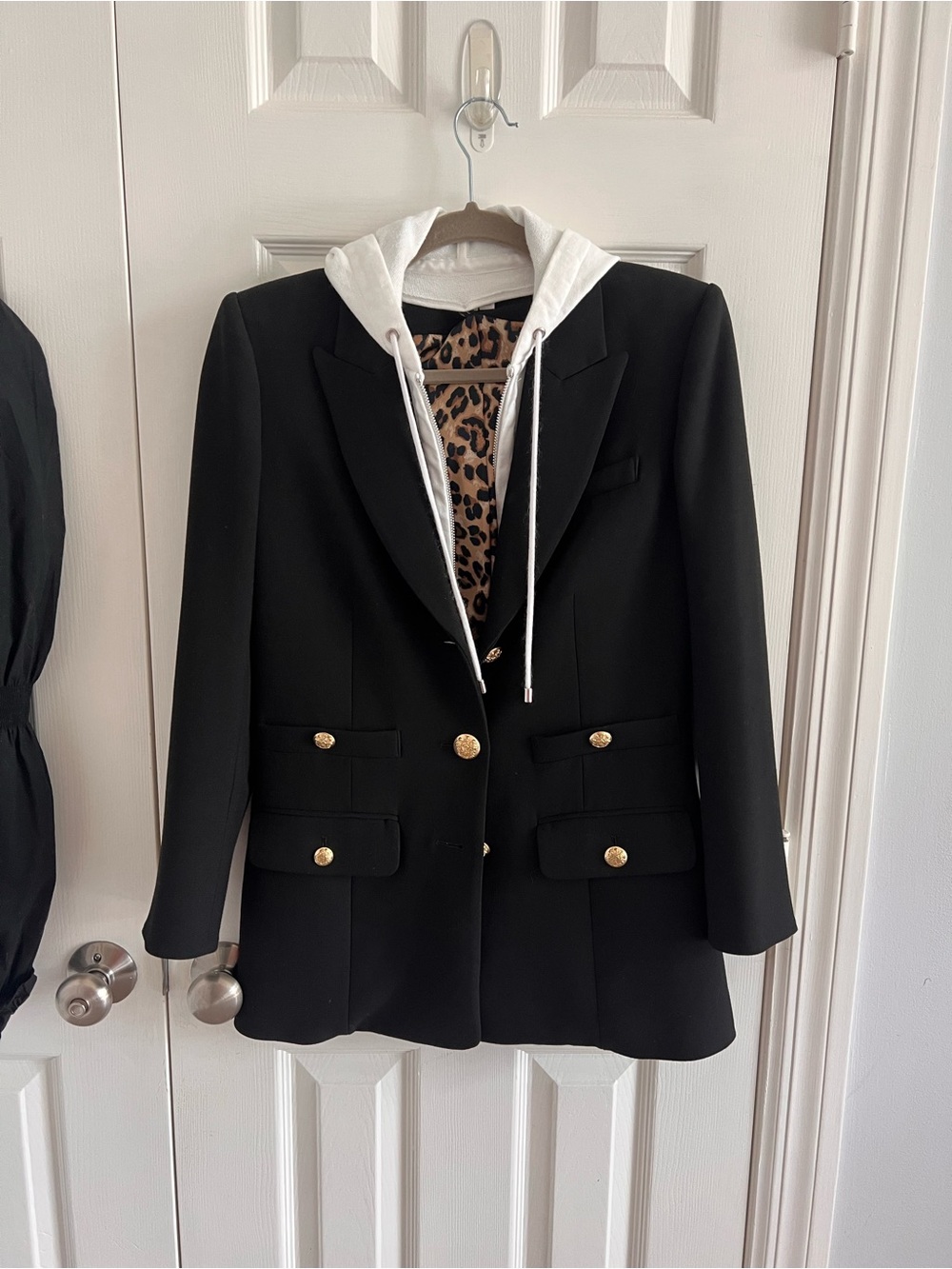 Veronica Beard Black Blazer with White Hoodie and Leopard Lining